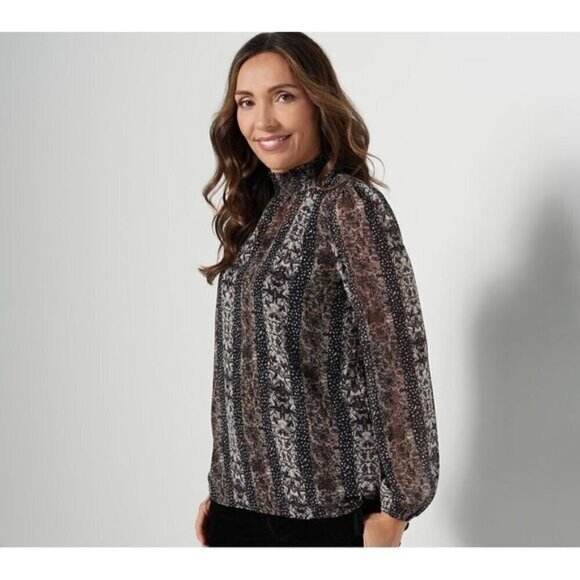 Susan Graver  Blouse  Printed Chiffon  stretch Smocked Mock Neck   Lined Top - Picture 1 of 11